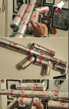 Sculpture of a rifle assembled from Diet Coke cans